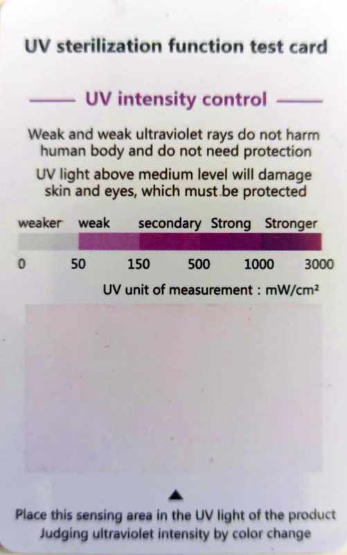 UV sensitive test card supplied with Dé Petit