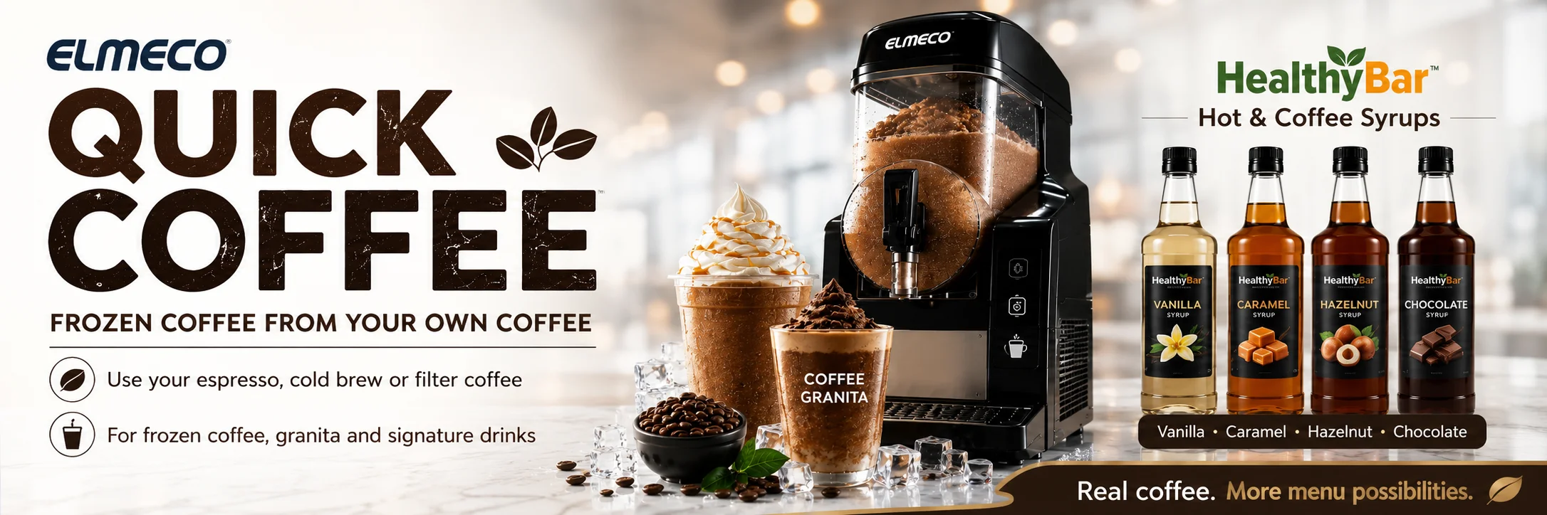 Elmeco Quick Coffee with HealthyBar hot and coffee syrups for frozen coffee creations on LIFEENERGY