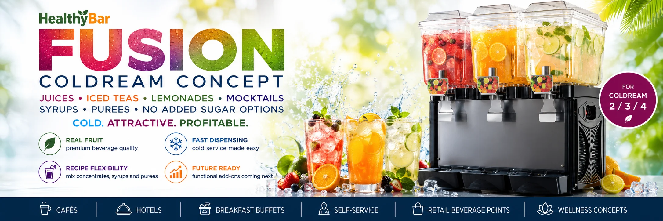 HealthyBar FUSION cold drinks concept for juice dispensers, iced teas, lemonades and mocktails on LIFEENERGY