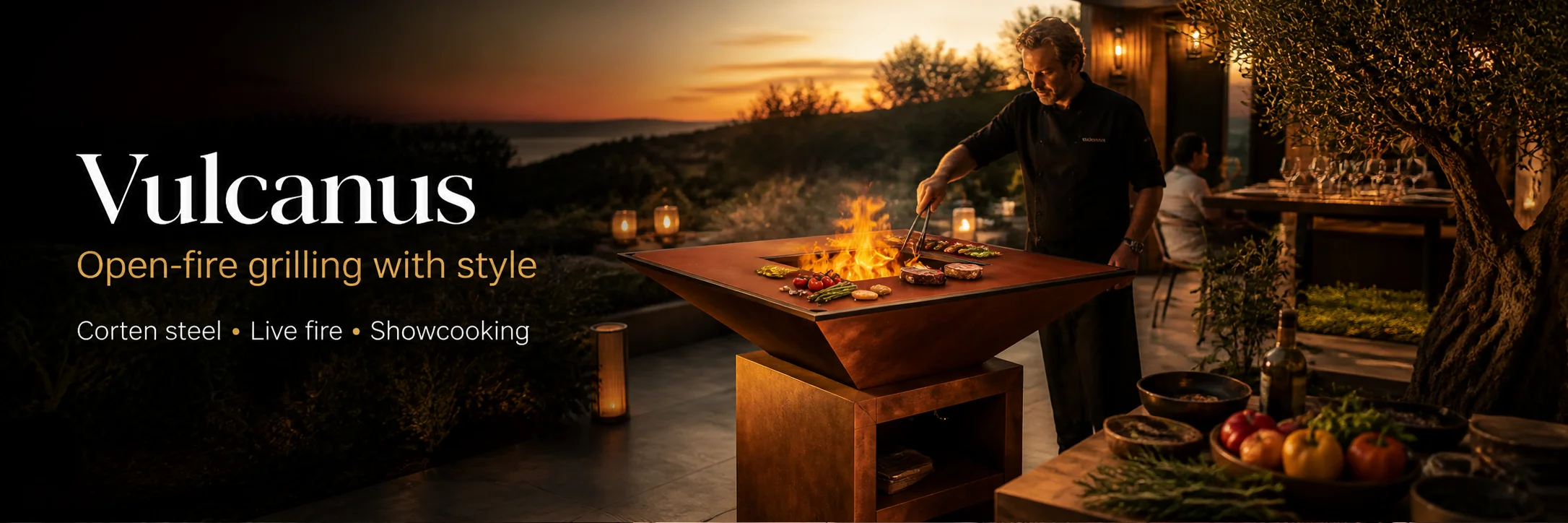 Vulcanus open-fire grilling in corten steel with live fire and showcooking on LIFEENERGY