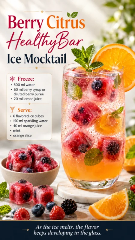 Berry citrus HealthyBar ice mocktail concept with Icebreaker POP for premium cold drink presentation