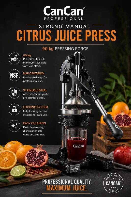 CanCan manual citrus juice press advertisement for cafés, breakfast service and fresh juice concepts