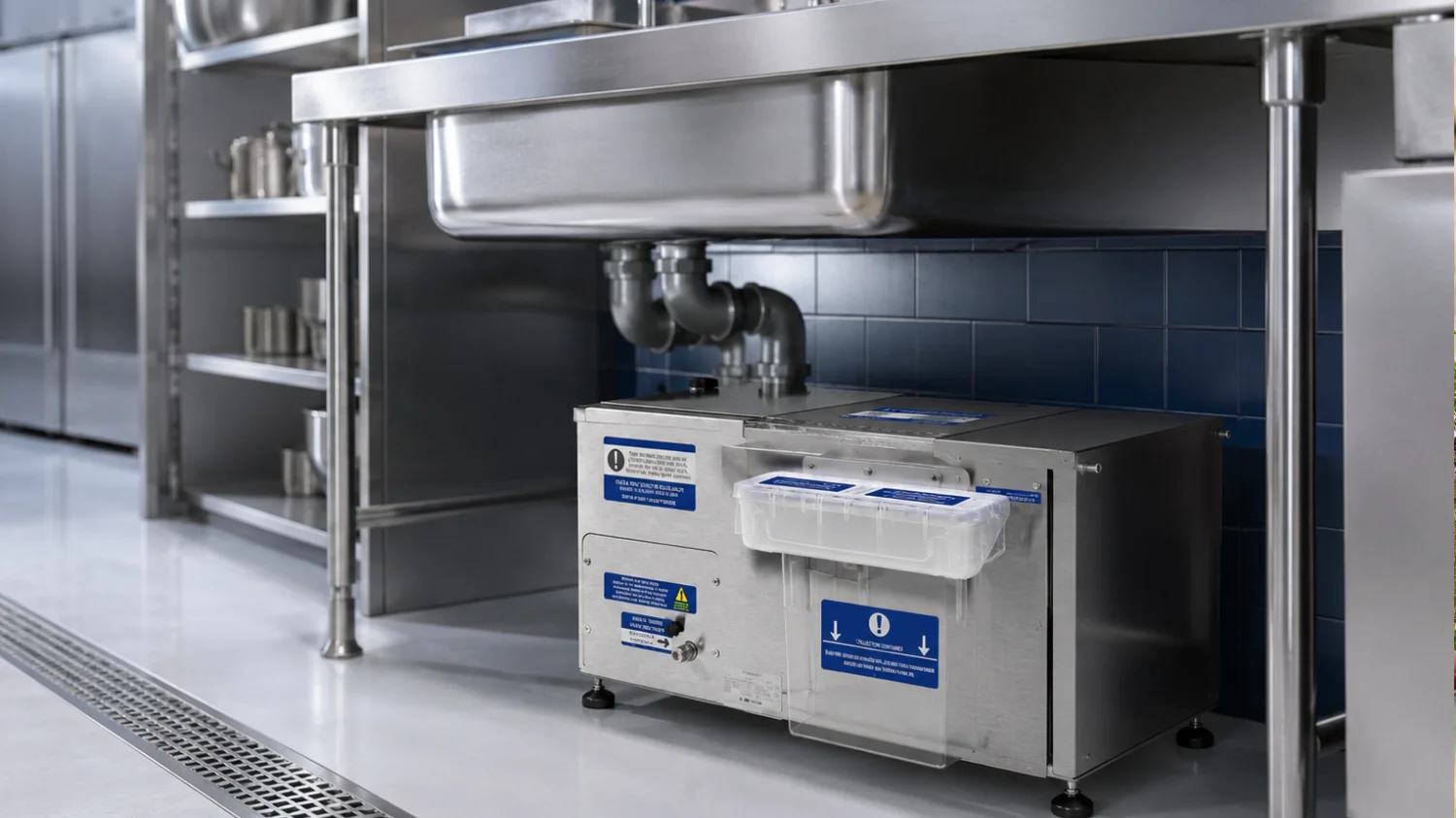 EPAS GreaseShield commercial grease management system installed under a professional kitchen sink for fats oils grease and wastewater control