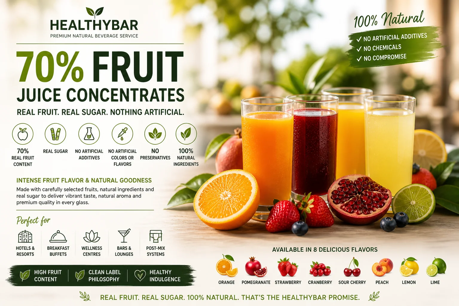 HealthyBar 70% fruit juice concentrates for HORECA breakfast, wellness and post-mix beverage service