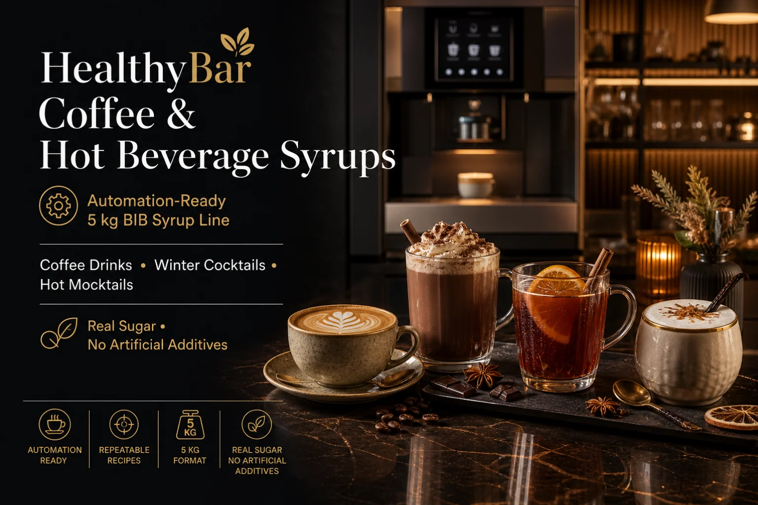 HealthyBar coffee and hot beverage syrups for HORECA coffee bars, winter cocktails and automated hot drink recipes