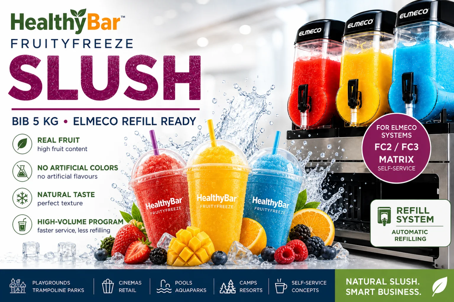 HealthyBar FruityFreeze natural slush program in 5 kg BIB format for Elmeco refill systems, FC2, FC3 and Matrix self-service slush