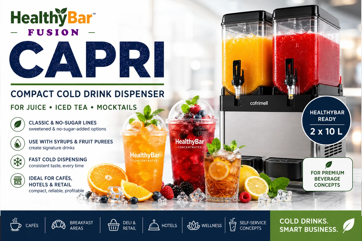 HealthyBar FUSION cold drink dispenser concept for juices, iced teas, syrups, purees and premium beverage service HealthyBar FUSION cold drink dispensing concept with Cofrimell Capri for juices, iced teas, mocktails and signature beverages