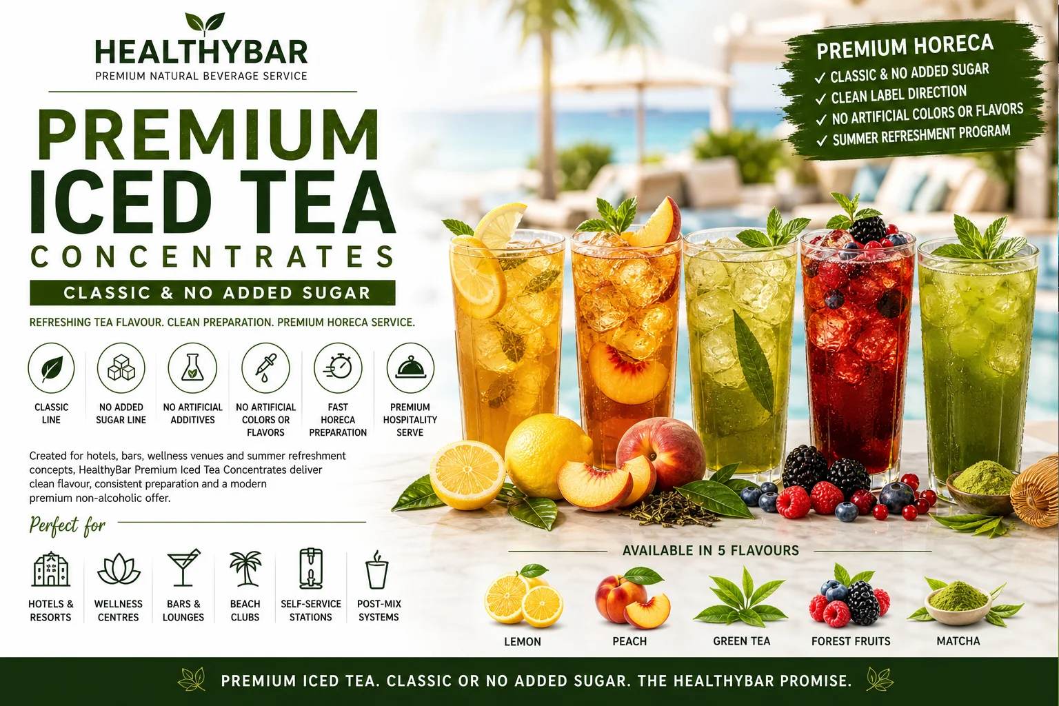 HealthyBar premium iced tea concentrates in 5 kg BIB format for HORECA dispensing systems, hotels, bars and wellness venues