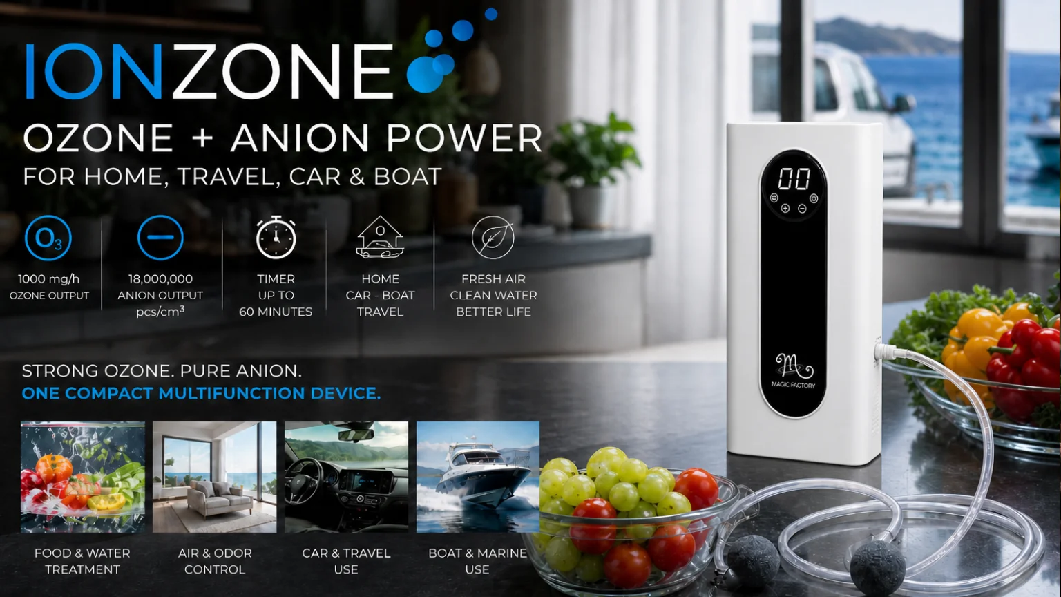 IonZone ozone and anion generator for home, travel, car and boat